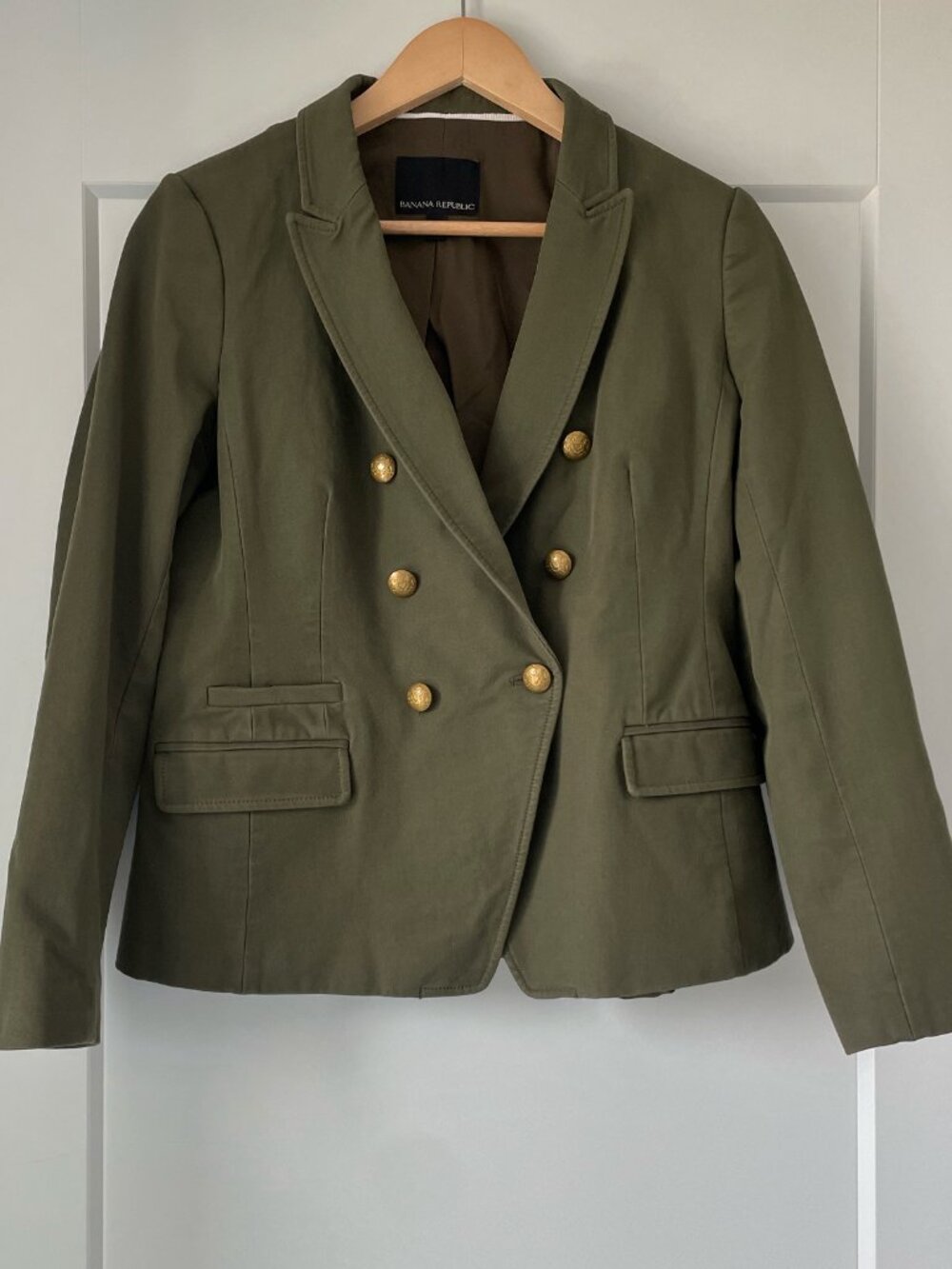 Banana Republic Army Green Military Blazer Gold Crest Buttons Size 10